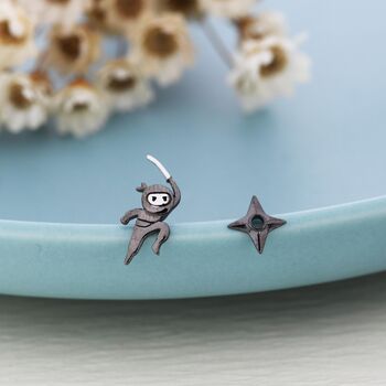 Tiny Mismatched Ninja And Ninja Shuriken Star Stud Earrings In Sterling Silver, 6 of 12