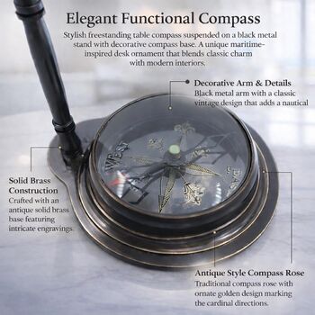 Engraved Vintage Black Desk Clock With Compass Base, 7 of 12