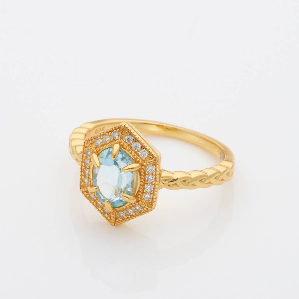 Hexagon Blue Topaz 18k Gold Plated Ring By H.AZEEM London