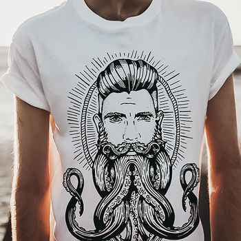 Neptune Hand Printed Mens White T Shirt, 3 of 4