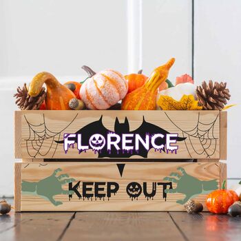 Personalised Pine Halloween Crate – Keep Out, 2 of 2