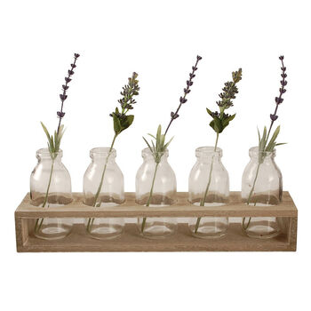 Wooden Tray With Five Glass Milk Bottle Vases, 2 of 4