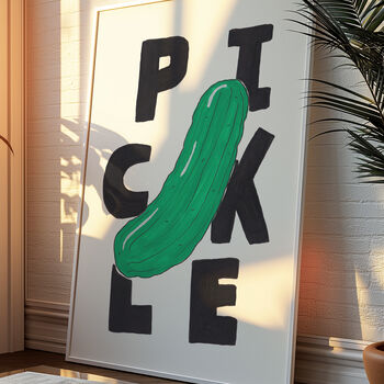 Green Pickle Hand Drawn Vegetable Illustration With Bold Typography Wall Art, 5 of 7