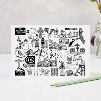 Wales Black And White Illustrated Greeting Card, 3 of 6