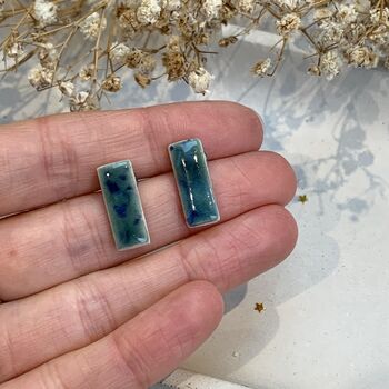 Crackle Blue Green Ceramic Bar Stud Earrings Minimalist Rectangular Studs, 2 of 11