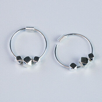 Sterling Silver Geometric Bead Small Hoop Earrings, 3 of 5