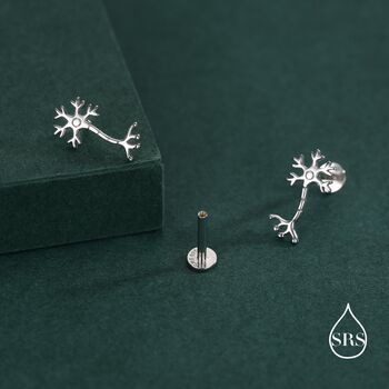 Tiny Neuron Cell 16 G Internally Threaded Flat Back Earrings In Sterling Silver, 6 of 12