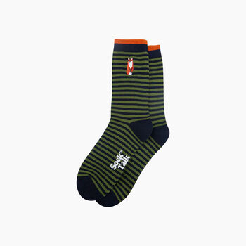 Embroidered Fox Striped Combed Cotton Socks In Black/Green, 3 of 4