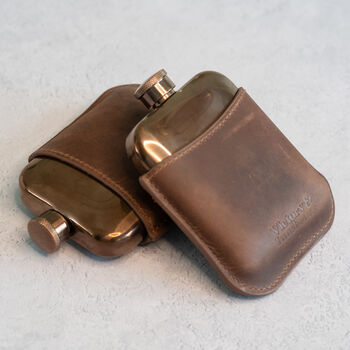 Brown Leather Cased Hip Flask 6oz In Silver / Copper, 2 of 10