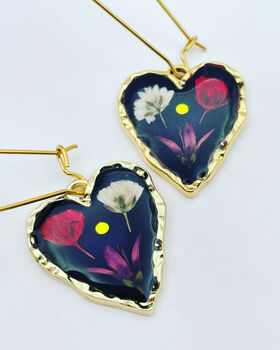 Pressed Flowers Black Heart Earrings Small Hand Made, 2 of 12