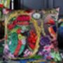 Signature Tropical Birds Dressed Up Bright Colourful Tropical Flowers Green Parrot Luxury Velvet Cushion, thumbnail 2 of 9