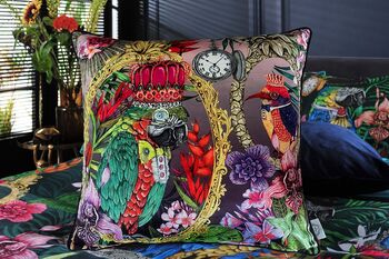 Signature Tropical Birds Dressed Up Bright Colourful Tropical Flowers Green Parrot Luxury Velvet Cushion, 2 of 9