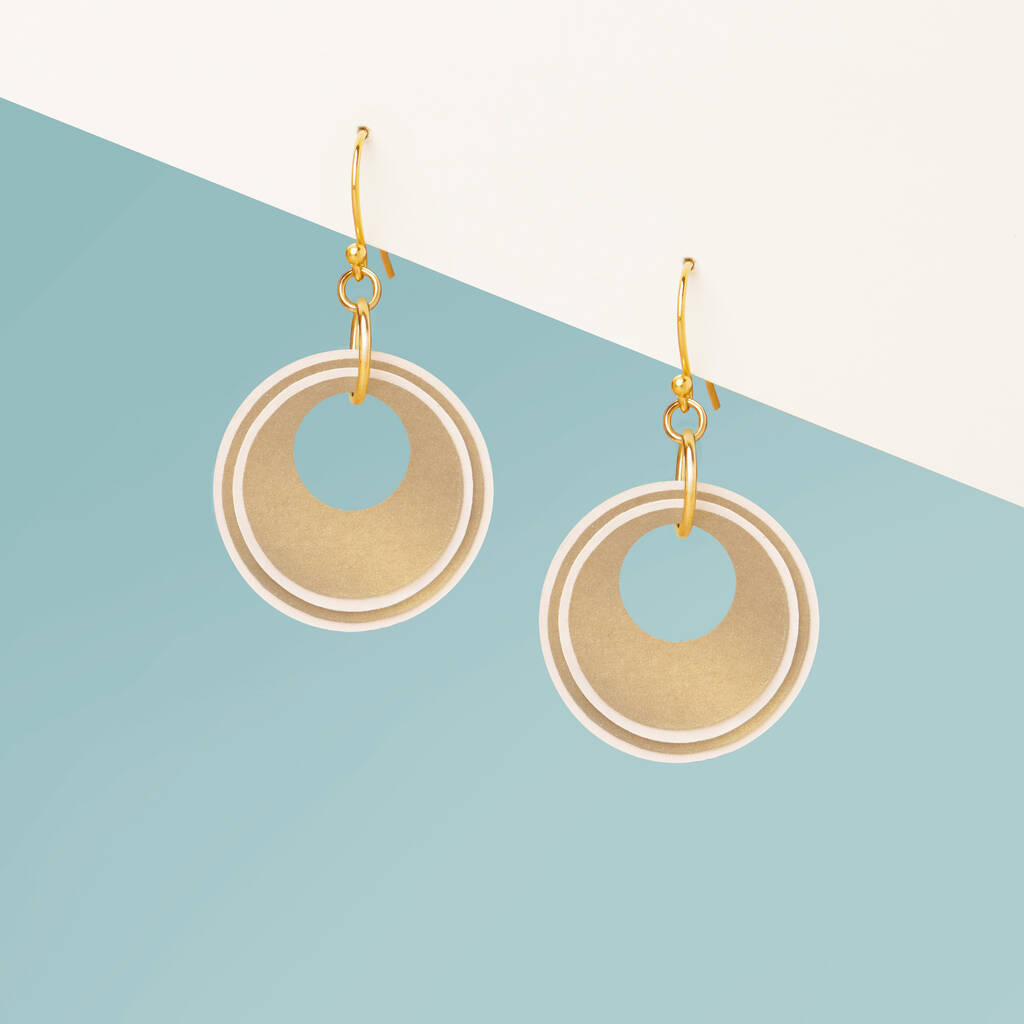 Pearlescent Taupe And Cream Circular Earrings • Gold Plated Sterling Silver Hooks, 1 of 9