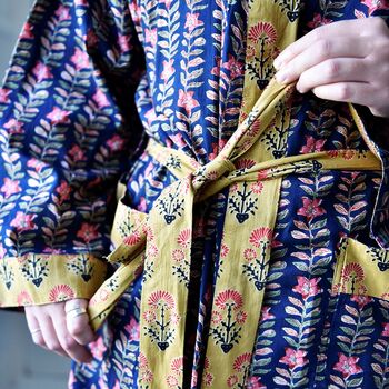 Block Printed Navy Blue, Mustard And Pink Lily Cotton Dressing Gown, 5 of 8