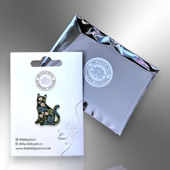 Floral Black Cat Enamel Pin Badge, Friendship Jewellery Gift, Botanical Cat Brooch, Unusual Gift, 5 of 8