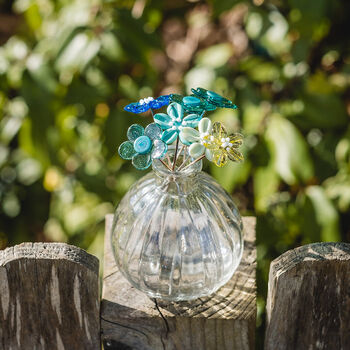 Teal And Turquoise Glass Flowers With Cut Glass Vase, 7 of 10