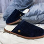 Mens Handmade Navy Sheepskin And Suede Slippers, thumbnail 1 of 7