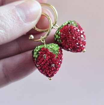 Strawberry Rhinestone Gold Plated Hoop Earrings, 4 of 6