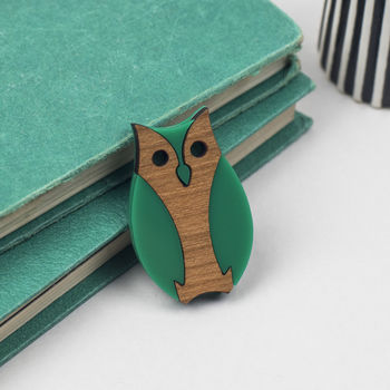 Owl Brooch Made From Green Acrylic And Wood, 3 of 11