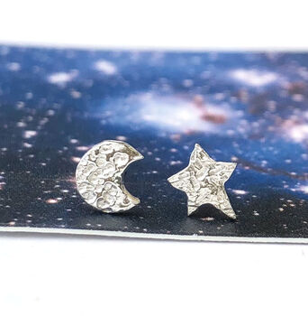 Thank You Teacher Sterling Silver Small Crescent Moon And Star Mismatched Earrings, 9 of 10