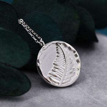 Sterling Silver Fern Leaf Round Disk Coin Pendant Necklace, 5 of 11