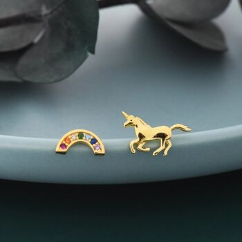 Mismatched Unicorn And Rainbow Stud Earrings In Sterling Silver, 3 of 12