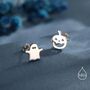 Sterling Silver Mismatched Carved Pumpkin And Ghost Stud Earrings, thumbnail 2 of 12