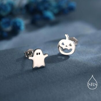 Sterling Silver Mismatched Carved Pumpkin And Ghost Stud Earrings, 2 of 12