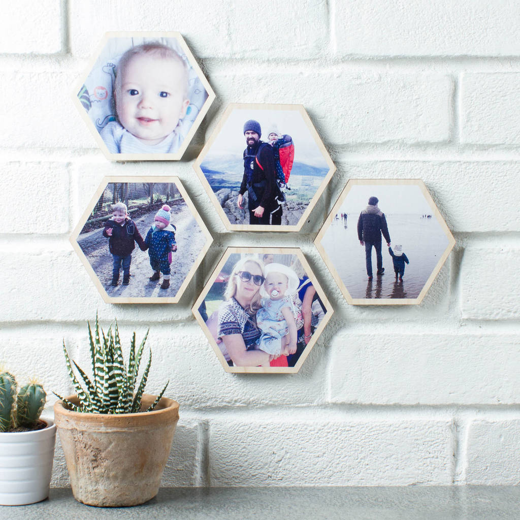 personalised photo wooden hexagon wall art set by create gift love
