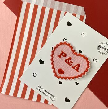 Personalised Pink And Red Valentines Couples Initials Embroidered Heart Iron On Fabric Patch, 6 of 6