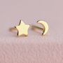 Gold Moon And Star Tiny Mismatched Stud Earrings, thumbnail 2 of 8