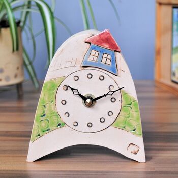 Personalised Mantel Clock With House And Green Meadow, 2 of 5