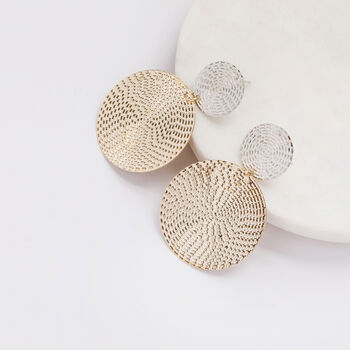 Gold And Silver Colour Textured Disc Drop Earrings, 3 of 3