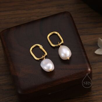 Sterling Silver Rectangular Hoops With Dangling Baroque Pearl Drop Earrings, 4 of 10