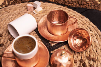 Turkish Copper Coffee Cup Set With Plates And Lids – Handmade Six Piece Gift For Two, 8 of 9