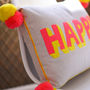 Embroidered Bright Happy Pom Pom Cushion, thumbnail 5 of 8