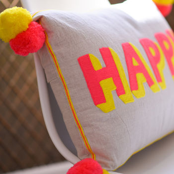 Embroidered Bright Happy Pom Pom Cushion, 5 of 8