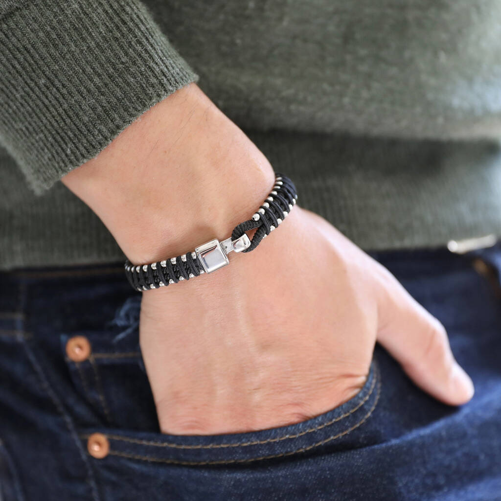 Men's Woven Black Cord Stainless Steel Bead Bracelet By Lisa Angel