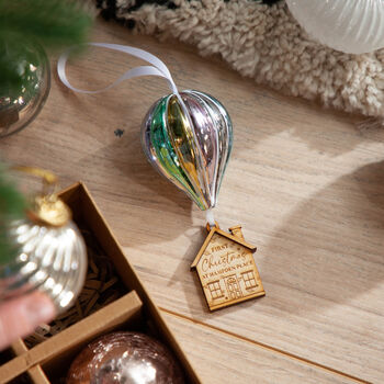 Glass Hot Air Balloon Wooden House Christmas Decoration, 2 of 2
