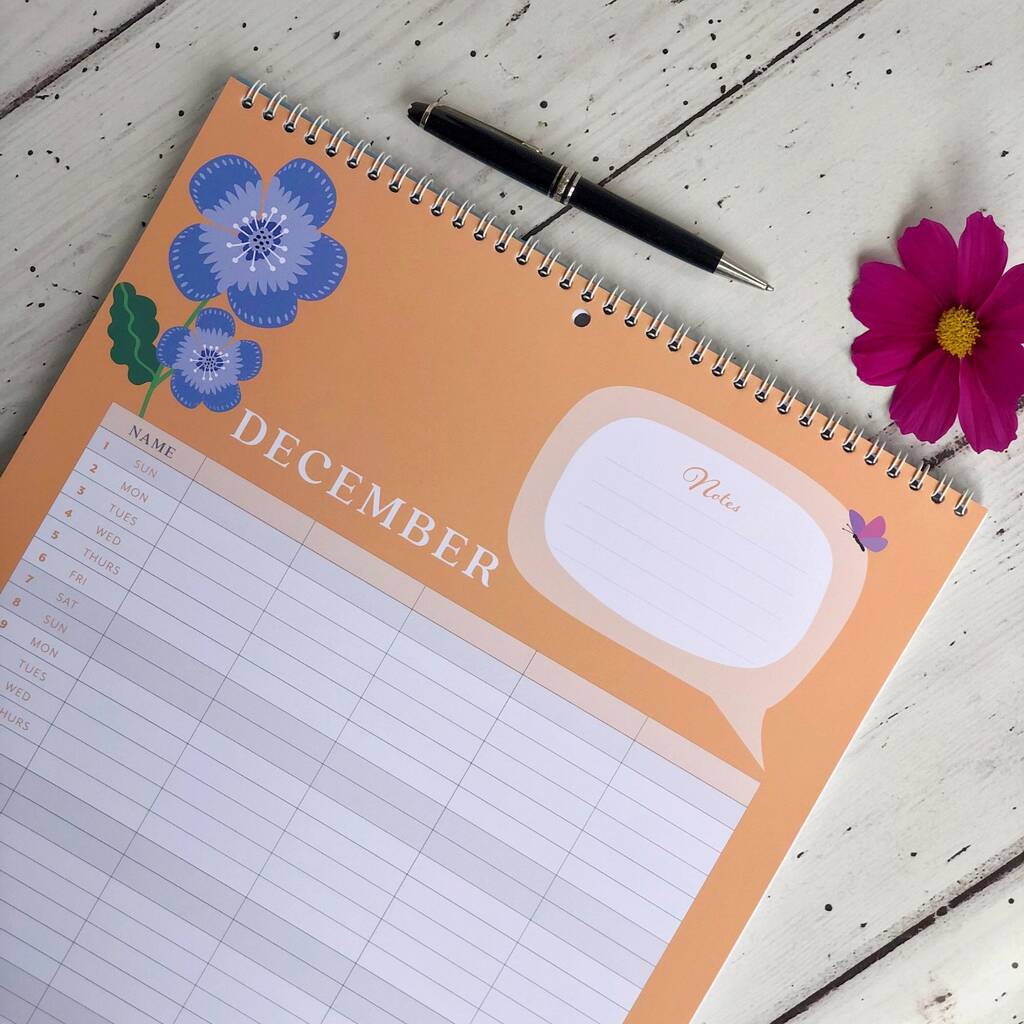 Family Organiser 2025 Wall Calendar Flower Design A3 By Border in a Box