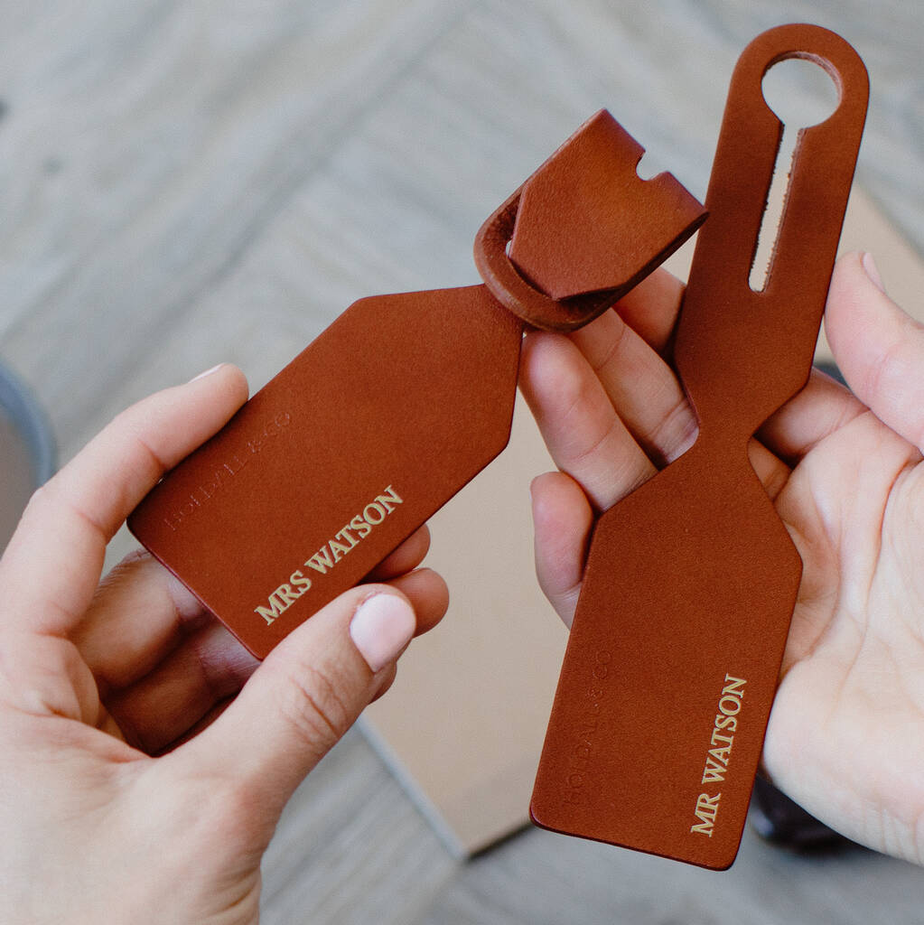 Personalised Couple Leather Luggage Tags Letterbox Gift, 1 of 4