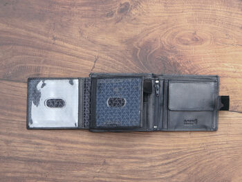 Men's Personalised Luxury Black Leather Wallet Trifold Rfid, 7 of 9