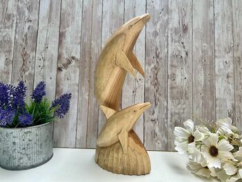Hand Carved Wooden Teak Dolphin Sculpture 30cm Ornament Figurine Gift, 5 of 9