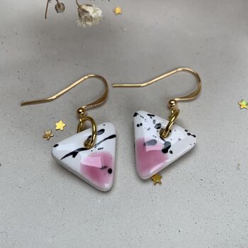 Ceramic Triangle Earrings Pink White And Black Speckled Dangle Earrings With Gold Hooks, 4 of 11