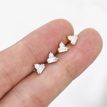 Baguette And Round Cz Stud Earrings Sterling Silver, 8 of 12