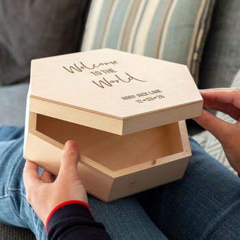 Personalised Welcome To The World Hexagon Keepsake Box New Baby Gift, 3 of 6
