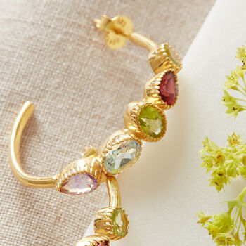 Multi Gemstone Silver Gold Plated Stud Hoops, 12 of 12