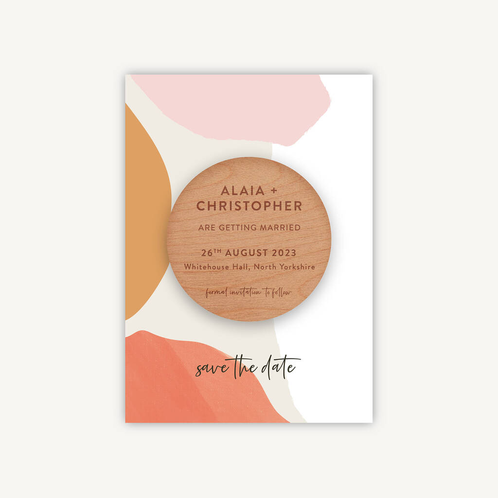 Painterly Colour Pop Wooden Magnet Save The Date, 1 of 6