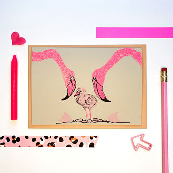 Flamingo Hand Screen Printed New Baby Card, 3 of 4