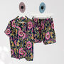 Ikat Print 100% Cotton Ladies Pyjama Short Set In Navy And Pink, thumbnail 4 of 6